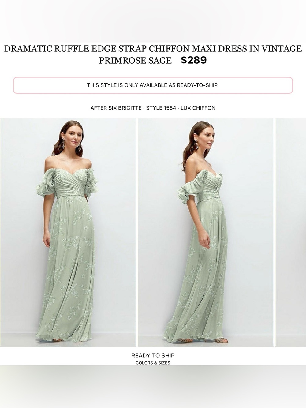 After Six Vintage Primrose Sage Off-Shoulder Ruffle Chiffon Maxi